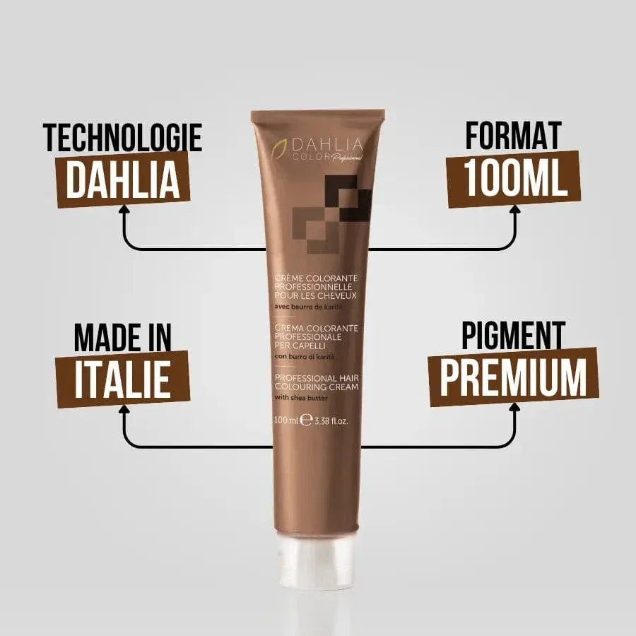 Détail formule crème colorante avec ammoniaque Dahlia Color, coloration permanente couvrante