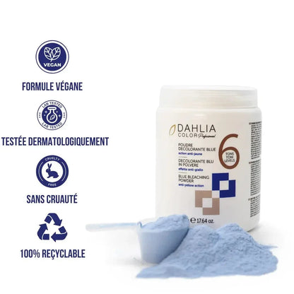 Pot poudre décolorante bleue 500g Dahlia Color, pigments anti-jaune intégrés pro